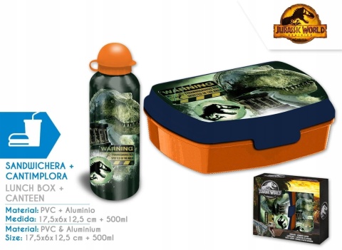Bidon aluminiowy 500ml + śniadaniówka w pudełku dinozaury Park Jurajski