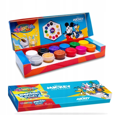 Farby plakatowe Colorino 20 ml 12 kolorów złota srebrna Myszka Miki Mickey Farby plakatowe Colorino 20 ml 12 kolorów złota srebrna Myszka Miki Mickey