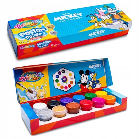 Farby plakatowe Colorino 20 ml 12 kolorów złota srebrna Myszka Miki Mickey Farby plakatowe Colorino 20 ml 12 kolorów złota srebrna Myszka Miki Mickey