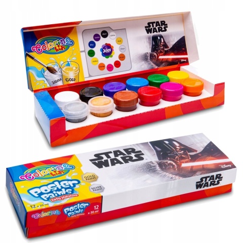 Farby plakatowe Colorino 20 ml 12 kolorów złota srebrna Star Wars Farby plakatowe Colorino 20 ml 12 kolorów złota srebrna Star Wars