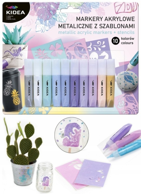 Markery farby w pisaku arylowe metaliczne z szablonami KIDEA 10 kolorów