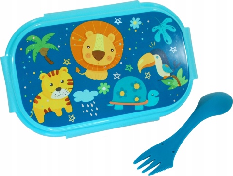 ŚNIADANIÓWKA lunchbox dwukomorowa + sztućce widelec DŻUNGLA LEW ŻÓŁW TYGRYS