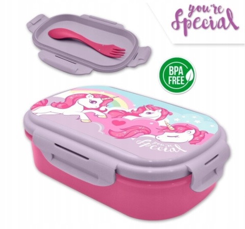 ŚNIADANIÓWKA lunchbox dwukomorowa + sztućce widelec jednorożce UNICORN