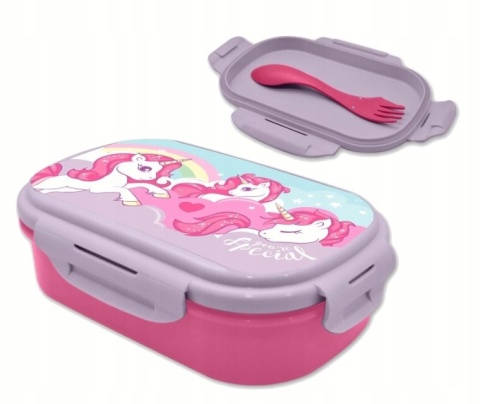 ŚNIADANIÓWKA lunchbox dwukomorowa + sztućce widelec jednorożce UNICORN