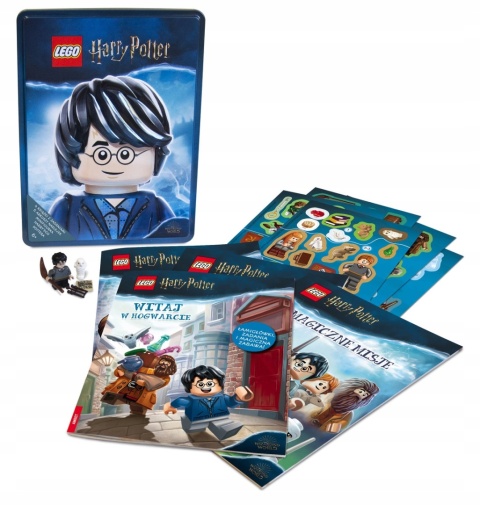 LEGO Harry Potter 4 książki z zadaniami naklejki figurka metalowa puszka