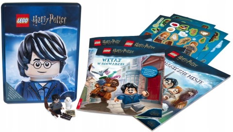 LEGO Harry Potter 4 książki z zadaniami naklejki figurka metalowa puszka