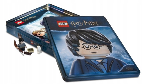 LEGO Harry Potter 4 książki z zadaniami naklejki figurka metalowa puszka