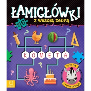 Łamigłówki z wesołą zebrą zadania rebusy labirynty krzyżówki 6+