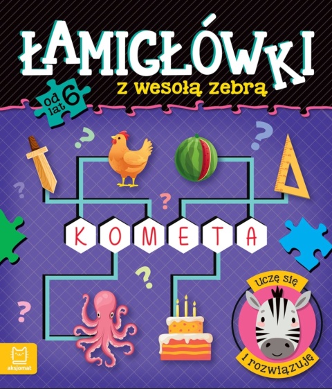 Łamigłówki z wesołą zebrą zadania rebusy labirynty krzyżówki 6+