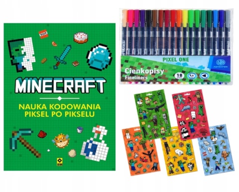 MINECRAFT nauka kodowania piksel po pikselu cienkopisy Astra 18szt naklejki