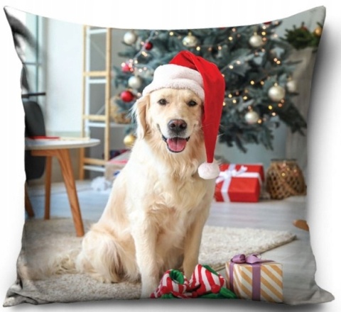 Poszewka na poduszkę 40x40 jasiek świąteczna piesek w czapce Mikołaja