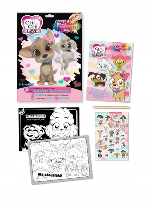 Wydrapywanka + rysik dwustronne zdrapki z kolorowanką PIESKI chi chi love