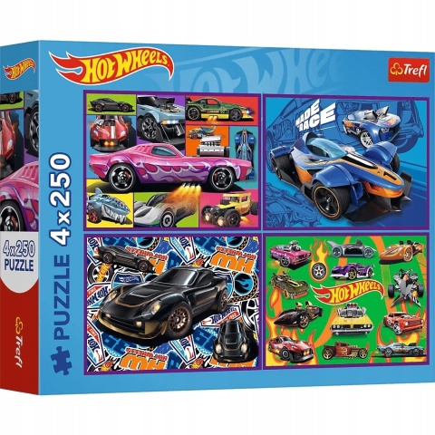 Puzzle Trefl Hot Wheels auta wyścigowe 4w1 4x 250 el 33,9x23,9 cm