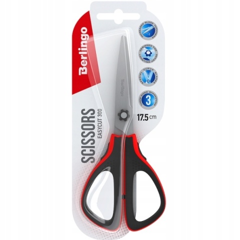 Nożyczki biurowe Berlingo Easycut300 soft grip czerwone 17,5 cm