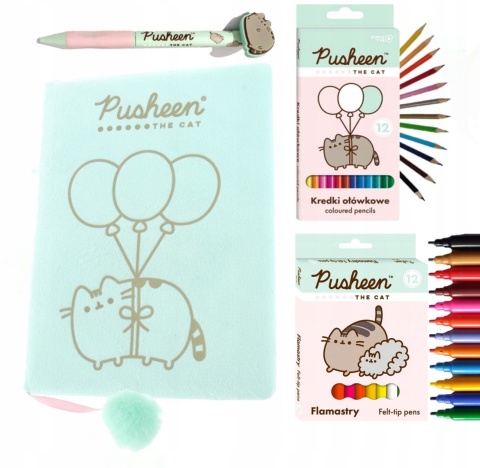 Notatnik pamiętnik pluszowy kredki flamastry długopis kot Pusheen