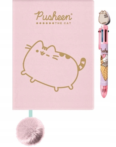 Notatnik pamiętnik pluszowy pastelowy róż kot+ długopis 6-kolorowy Pusheen
