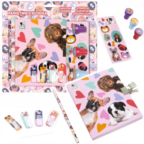 Pamiętnik z kłódką znaczniki karteczki naklejki pieczątki Pies szczeniaki
