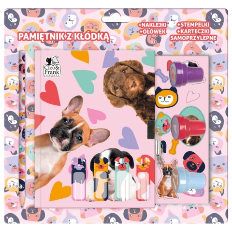 Pamiętnik z kłódką znaczniki karteczki naklejki pieczątki Pies szczeniaki