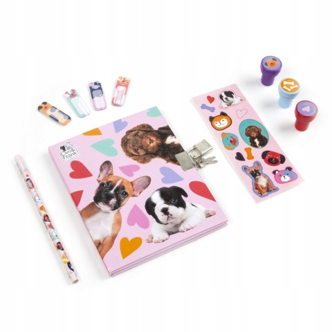 Pamiętnik z kłódką znaczniki karteczki naklejki pieczątki Pies szczeniaki