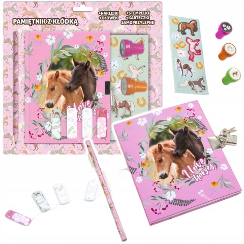 Pamiętnik z kłódką i stempelkami + zestaw przyborów Konie