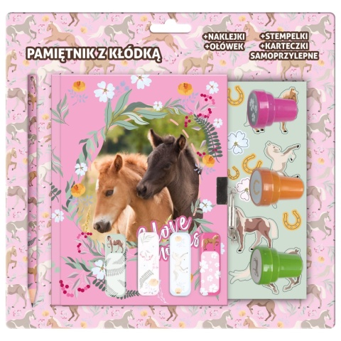 Pamiętnik z kłódką i stempelkami + zestaw przyborów Konie