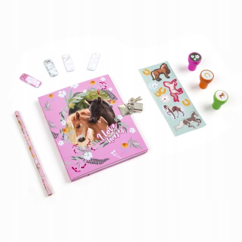 Pamiętnik z kłódką i stempelkami + zestaw przyborów Konie