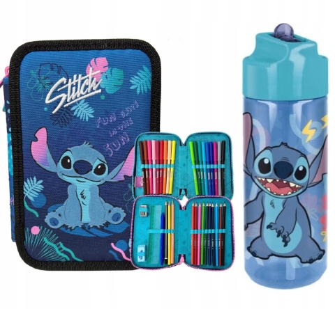 Piórnik dwukomorowy rozkładany z wyposażeniem + bidon 540 ml Stich STITCH