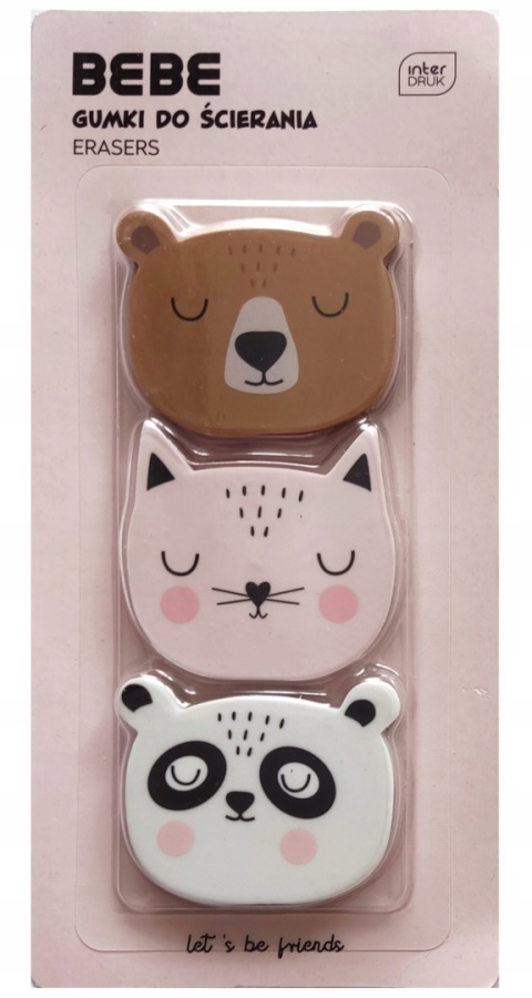Gumki do ścierania mazania 3 szt BB FRIENDS kot miś panda