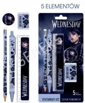 Zestaw 5 el ołówek linijka długopis gumka temperówka Wednesday Addams