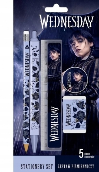 Zestaw 5 el ołówek linijka długopis gumka temperówka Wednesday Addams