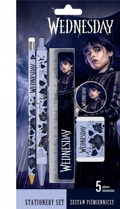 Zestaw 5 el ołówek linijka długopis gumka temperówka Wednesday Addams