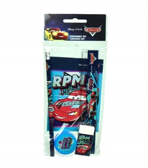 Zestaw szkolny 5el ołówek linijka notes temperówka AUTA ZYGZAK