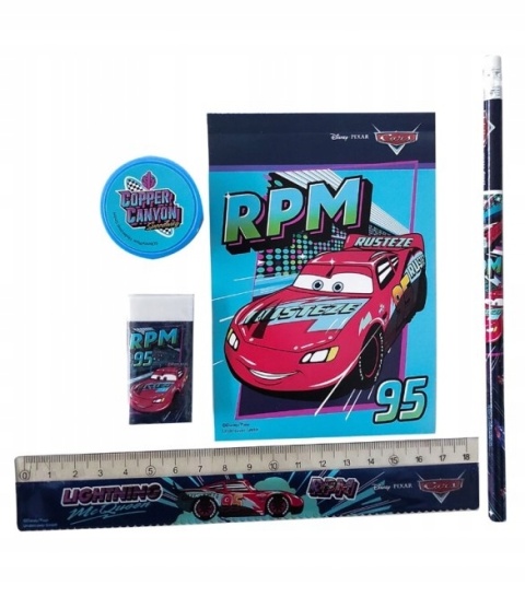 Zestaw szkolny 5el ołówek linijka notes temperówka AUTA ZYGZAK