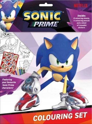 Kolorowanka z naklejkami wielokrotnego użytku + mini kredki jeż SONIC