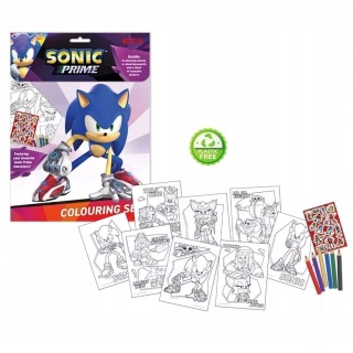 Kolorowanka z naklejkami wielokrotnego użytku + mini kredki jeż SONIC