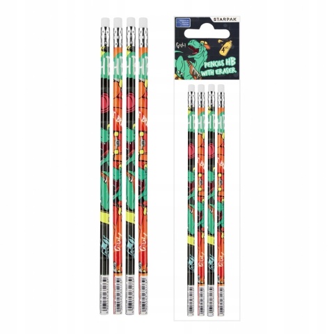 Ołówek HB z gumką okrągły Dinozaury Dino Crazy na deskorolce Starpak 4 szt