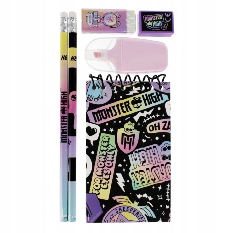 Zestaw do pisania ołówek zakreślacz gumka notes temperówka MONSTER HIGH Zestaw do pisania ołówek zakreślacz gumka notes temperówka MONSTER HIGH