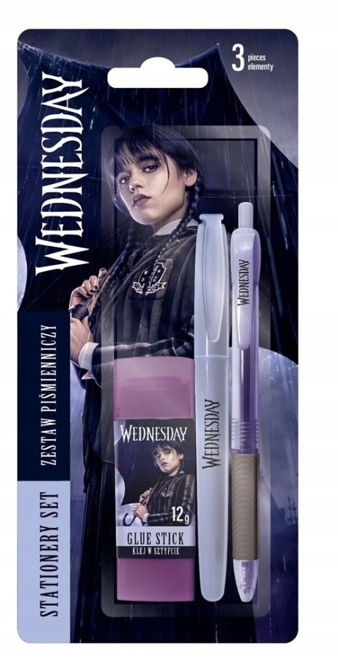 Zestaw piśmienniczy 3 el długopis zakreślacz klej 12 g Wednesday Addams