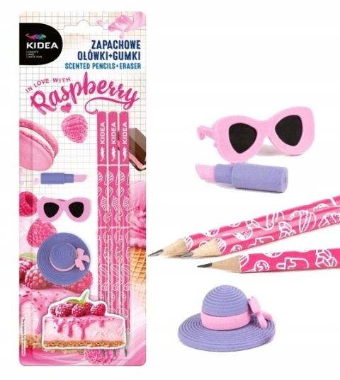 Zestaw zapachowy ołówek trójkątny HB 3 szt gumki do mazania zapach malina