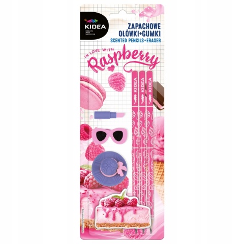 Zestaw zapachowy ołówek trójkątny HB 3 szt gumki do mazania zapach malina