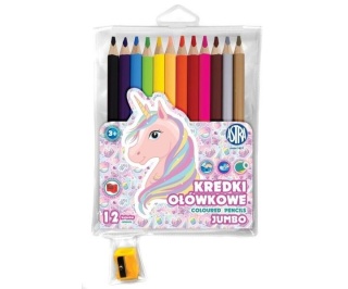 Kredki drewniane grube grafionowe 12 kol temperówka Jednorożec