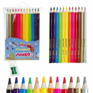 Kredki drewniane grube grafionowe 12 kol temperówka Rybka Minimini Astra