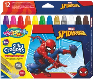 Kredki jedwabiste żelowe wykręcane 3w1 pastele akwarelowe Spiderman 12 kol