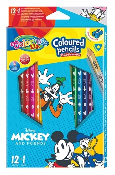 Kredki ołówkowe 12 + 1 kolorów złota srebrna myszka Miki Mickey Colorino