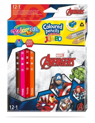 Kredki ołówkowe JUMBO grube 12 +1 kol. temperówka Avengers Colorino