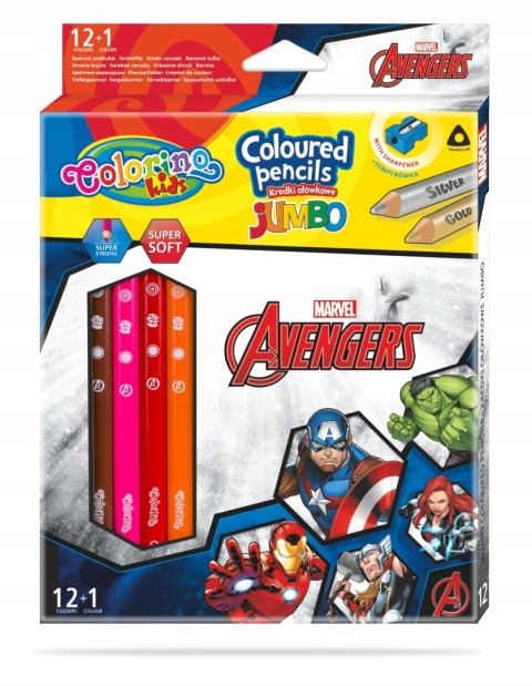 Kredki ołówkowe JUMBO grube 12 +1 kol. temperówka Avengers Colorino