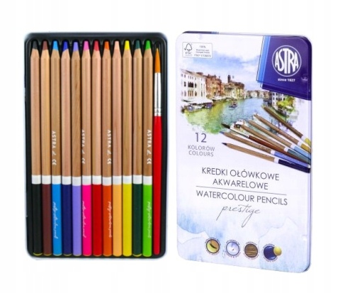 Kredki ołówkowe akwarelowe okrągłe w metalowym pudełku ASTRA PRESTIGE 12
