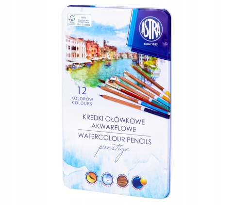 Kredki ołówkowe akwarelowe okrągłe w metalowym pudełku ASTRA PRESTIGE 12