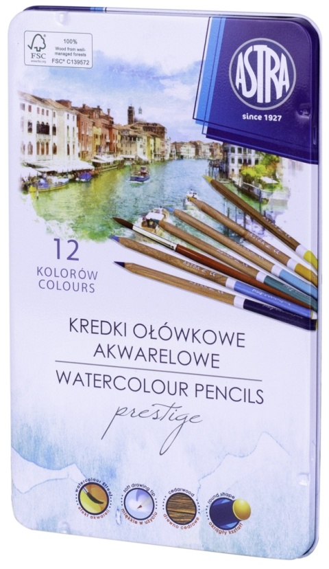 Kredki ołówkowe akwarelowe okrągłe w metalowym pudełku ASTRA PRESTIGE 12