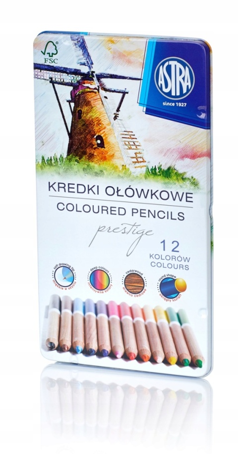 Kredki ołówkowe okrągłe w metalowym pudełku 12 kolorów ASTRA PRESTIGE